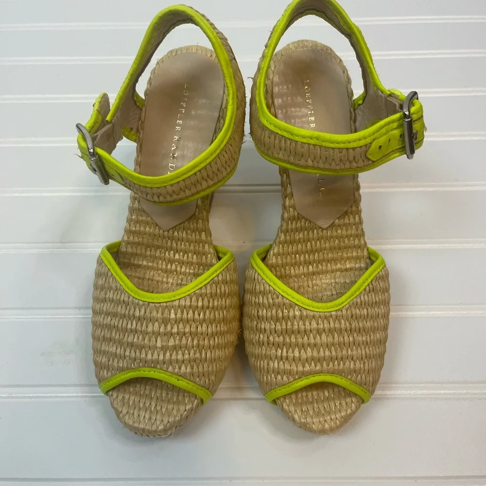 Loeffler Randall 5.5B Wedge Sandals Neon Trim Raffia Straw Peep Toe‎ Shoes